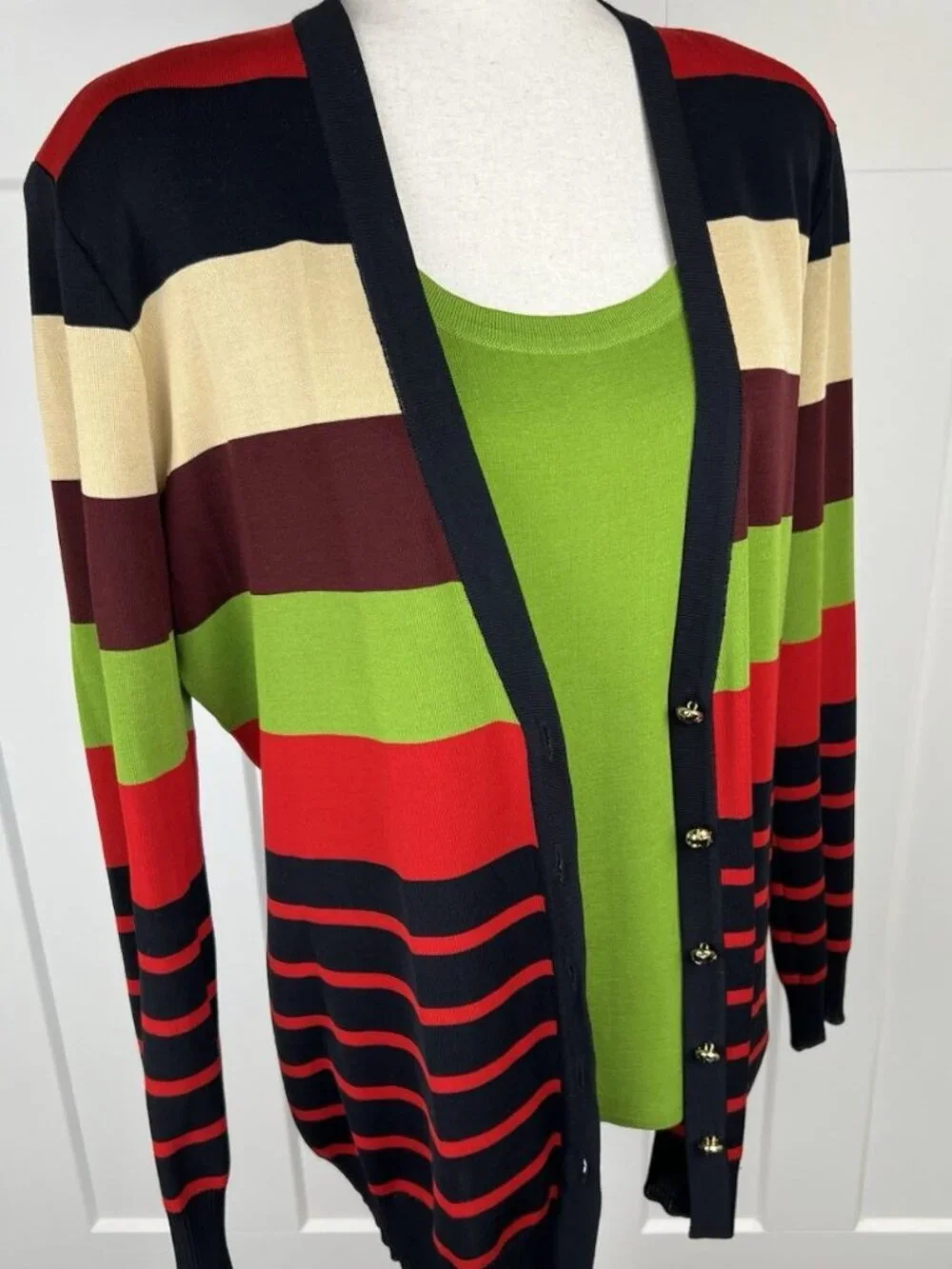 Misook Cardigan Tank Set Women's L Striped Colorblock Sweater Twinset